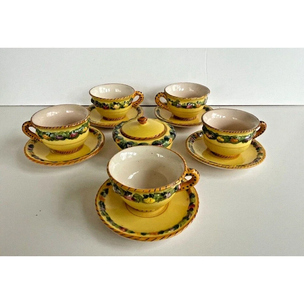 Vtg BITOSSI Italy Della Robbia Coffee Set Cups Saucers Sugar Hand Painted Yellow